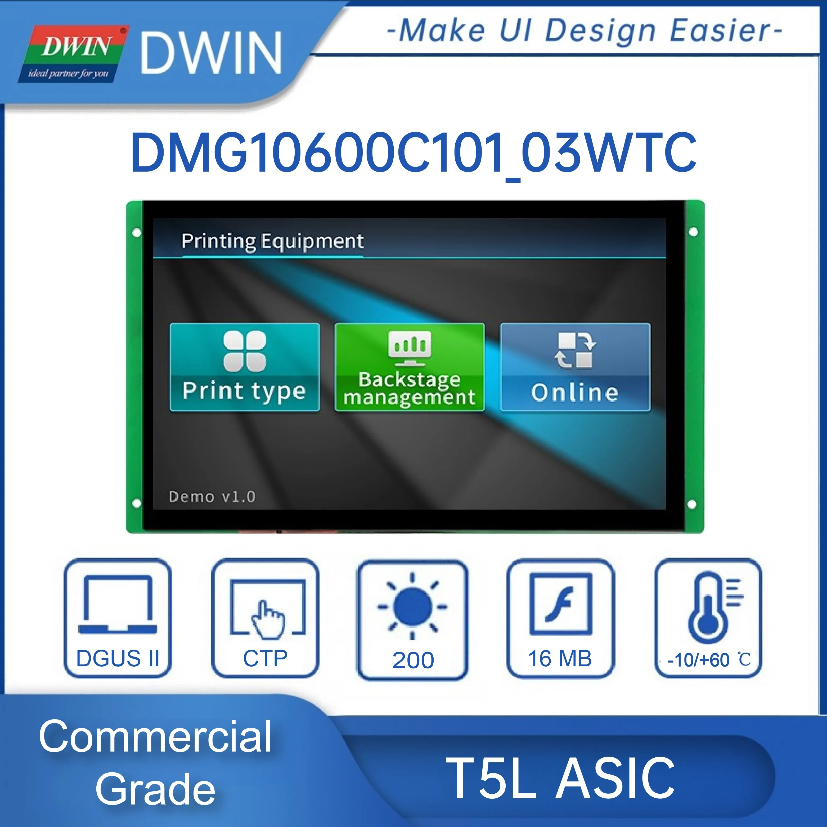 DWIN Kelas Komersial 10.1 Inci, Layar Sentuh HMI 1024*600 UNTUK Arduino/STM32, Layar IPS, RGB/TTL/RS 232