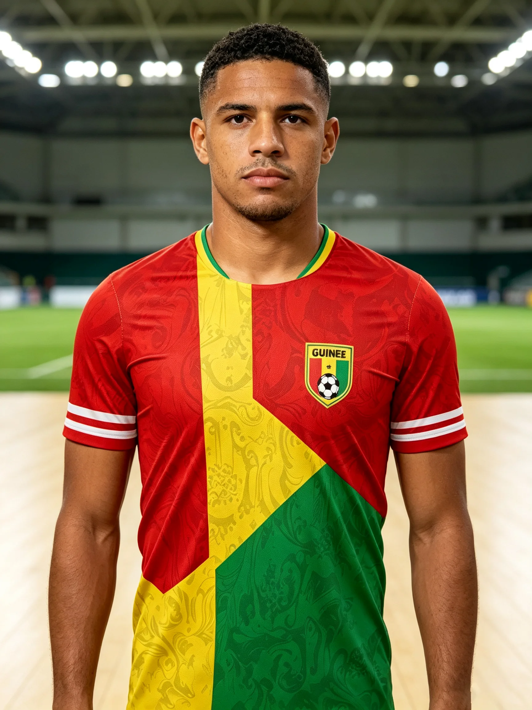 Guinea tricolor‑spliced soccer jersey with football‑themed crest and subtle background prints that carry hometown team pride