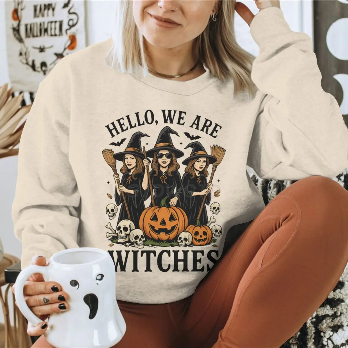 Hello We Are Witches Sweatshirt Women Halloween Witch Broom Pumpkin Skull Graphic Crewneck Long Sleeve Polyester Pullover Top