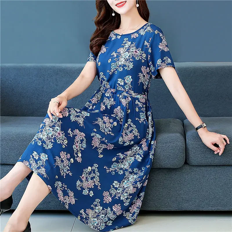 

Vintage Floral Striped Folds Dresses Spring Summer New Short Sleeve Round Neck Loose Oversized Midi Dress Clothing Z44