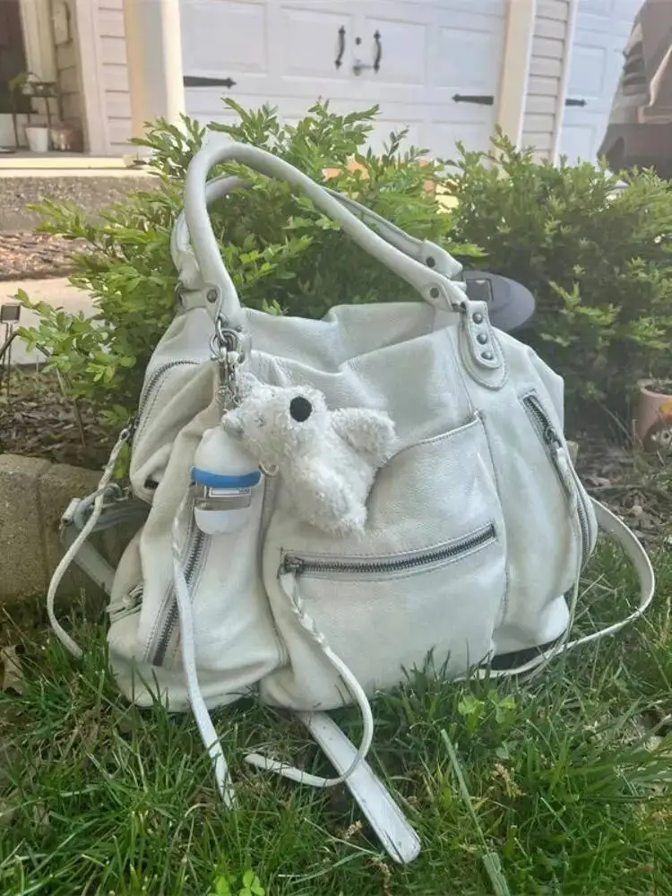 Bloom Hot Girls White Tote Women Vintage Leather Soft Large Capacity Handbag Messenger Bag Female Y2k Grunge Shoulder Bags