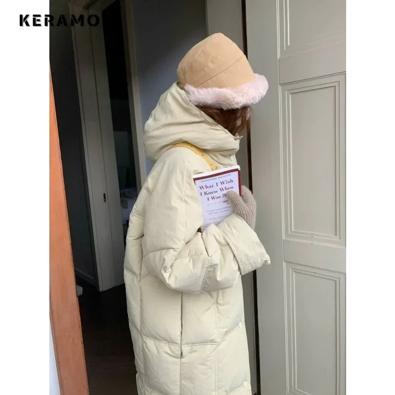 Women's Casual Solid Color Long Sleeve Jacket Outerwear Hooded Maxi X-Long Parkas 2023 Winter Simple Single Breasted Warm Coat