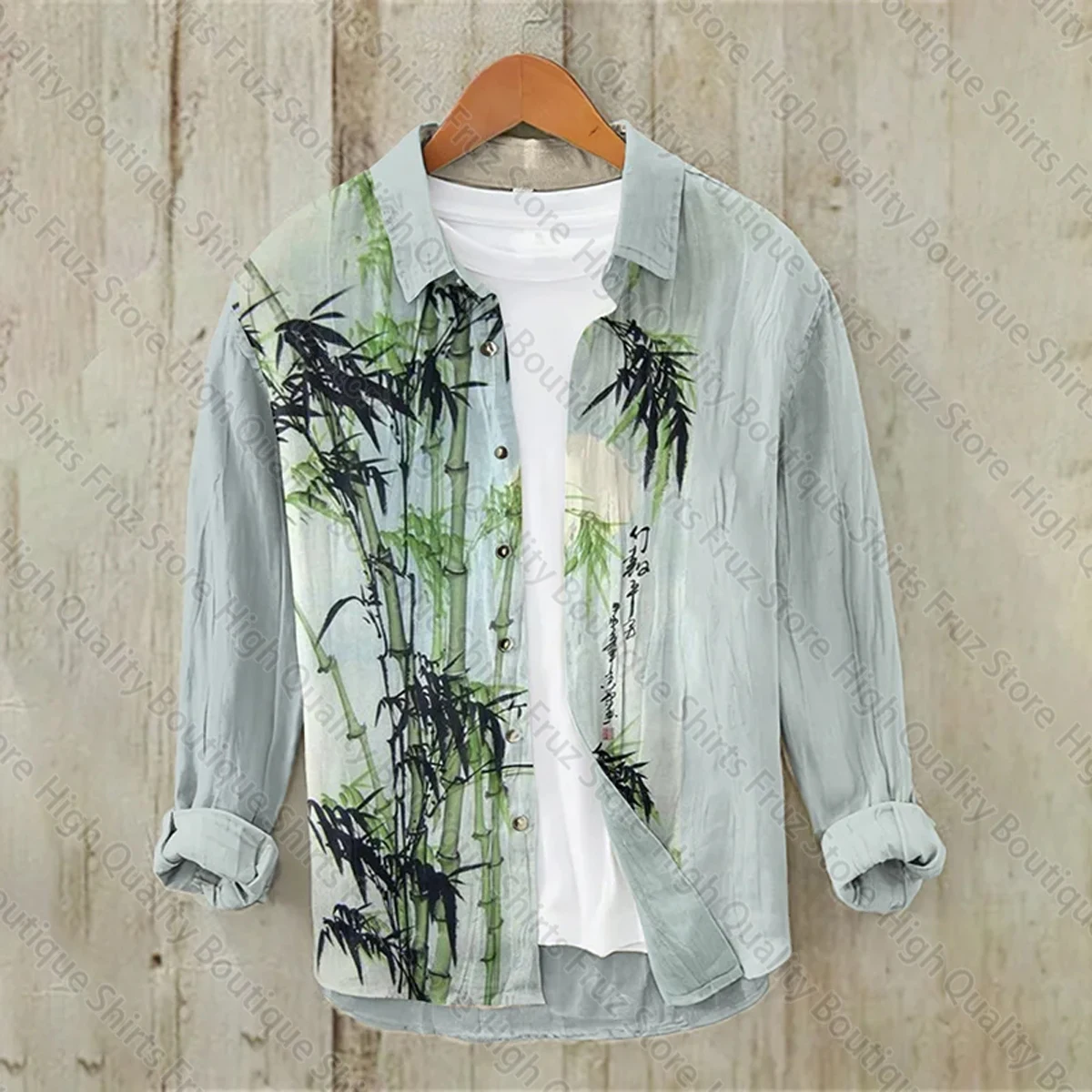 Linen lapel long-sleeved shirt flowers and grass ink bamboo art leisure and comfortable 3D printing Hawaiian oversized shirt XS-