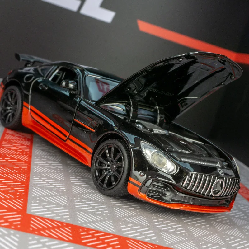 1:32 puertas de modelo de coche de aleación Mercedes Benz GT y capó de motor, el maletero se puede abrir tiene funciones de sonido y iluminación simuladas