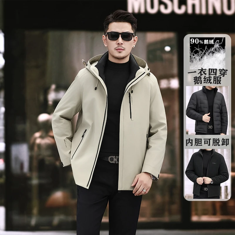 Ture 90% White Goose Duck Windbreaker Men 2025 Winter Classic Wind-proof Hooded Jacket Thick Detachment Outdoor Warm Zipper Coat