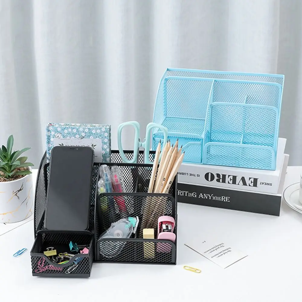 Creative Multi Grid Pen Holder Multi-functional 6 Compartments Desk Organizer 1 Drawer Metal Mesh Sundries Storage Box Pencil