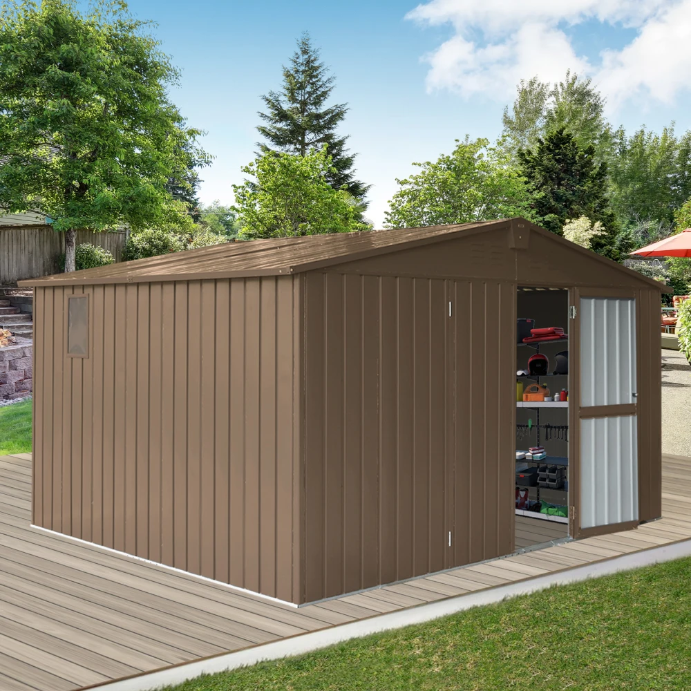 

Backyard Storage Shed 11'x 9' with Galvanized Steel Frame & Windows, Outdoor Garden Shed Metal Utility Tool Storage Room with Lockable Door for Patio(Brown)