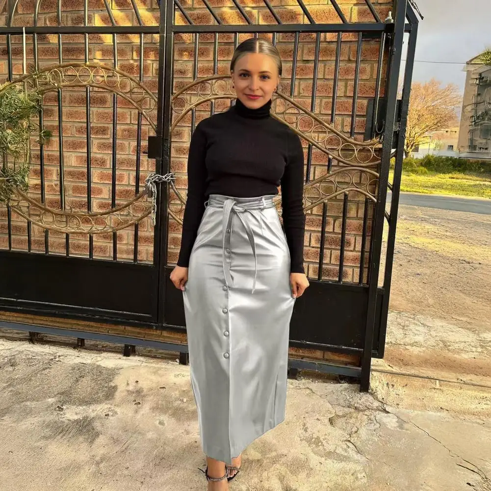 

Женская юбка из искусственной кожи с высокой талией, разрезом спереди, облегающая бедра, с поясом и застежкой на пуговицах, для повседневной носки и уличного стиля