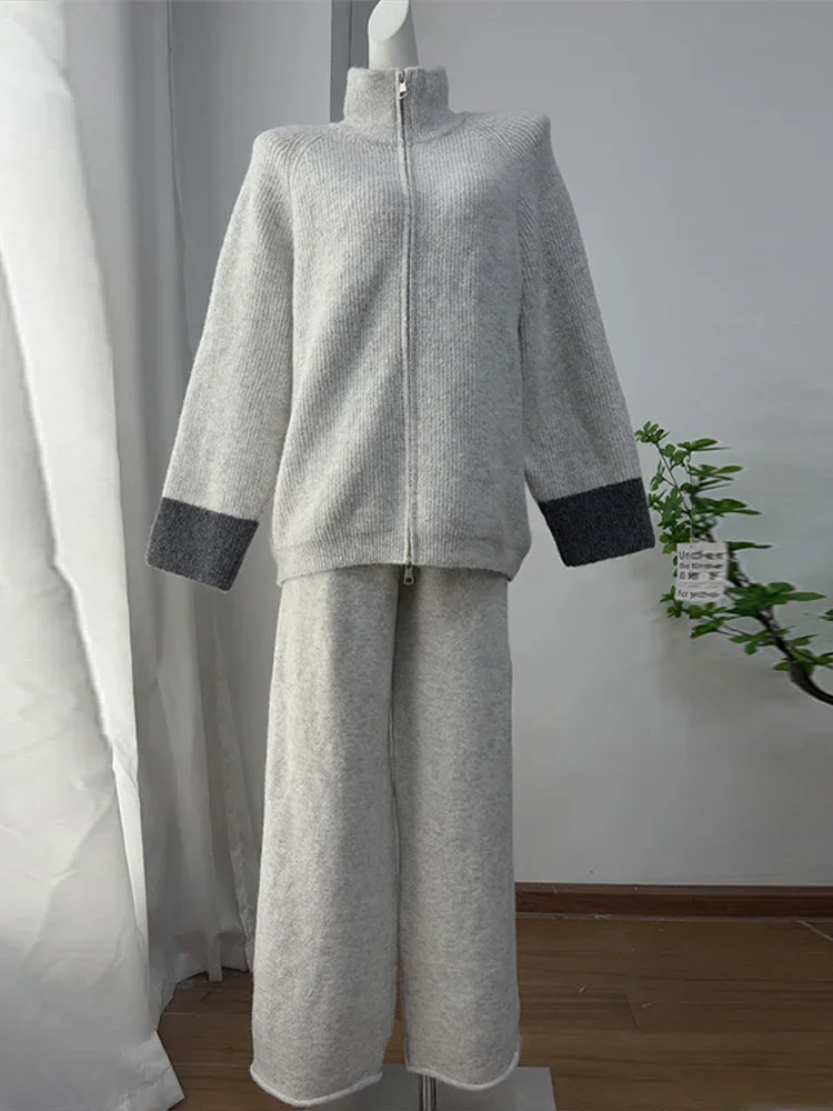 Zweiteiliges Damen-Strickset mit Cardigan und Hose, Reißverschluss-Oberteil mit Reverskragen, weit geschnittene Hose, gestricktes Set für den Alltag im Herbst – Detail 1