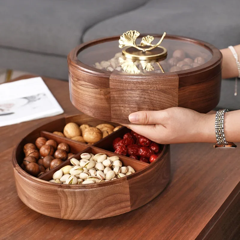 Golden Deer Walnut Wood Snack Plate Luxury Gilt Ginkgo Biloba Platters and Trays Candy Dried Fruit Wooden Storage Box Home Decor