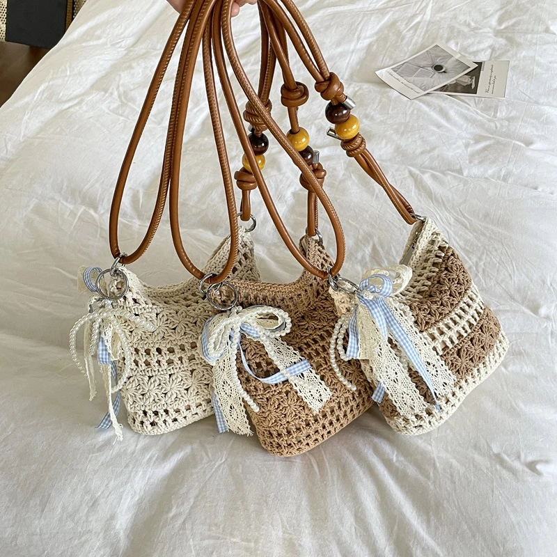 2026 Summer Boho Crochet Straw Shoulder Bag with Ribbon Bow Women's Handwoven Woven Crossbody Purse Cute Summer Beach Tote view 5