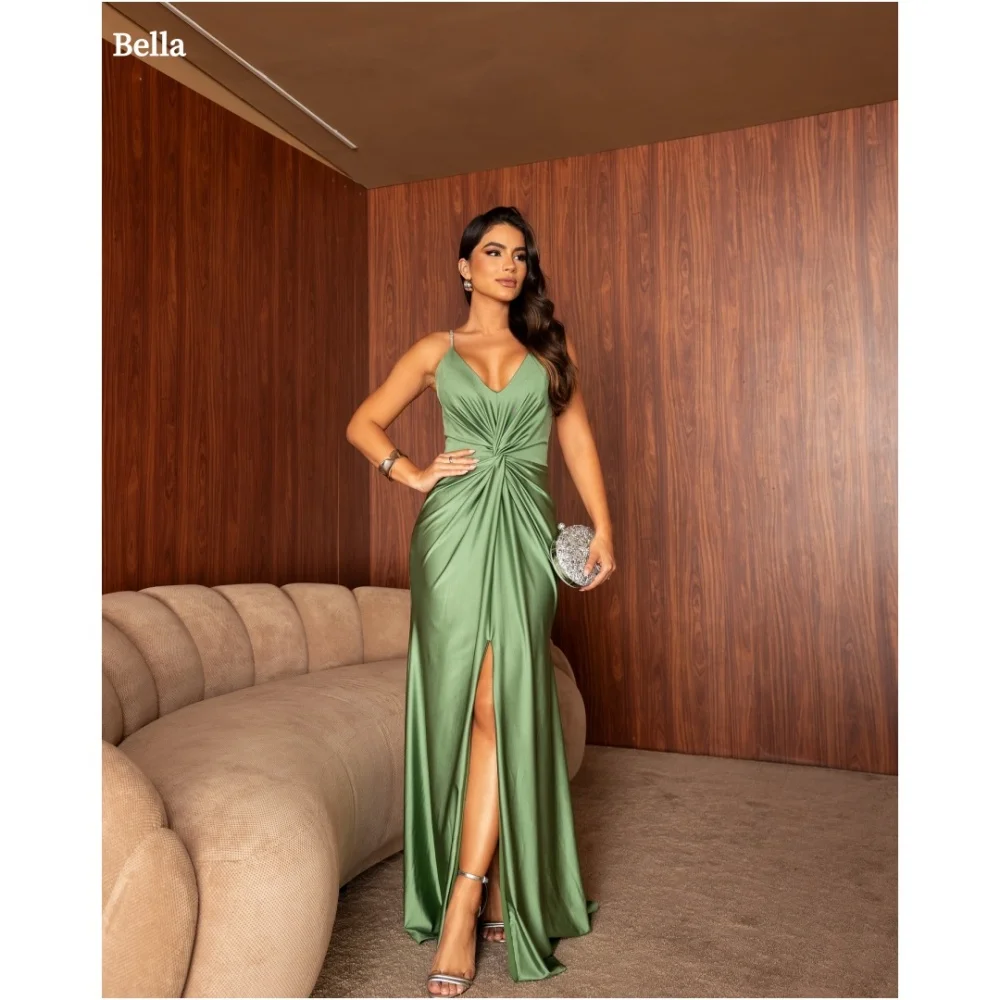 

Bella Customized Green Strapless Side Slit Satin robes de soirée Backless Sleeveless Party Dresses Floor-Length Prom Dress 2025