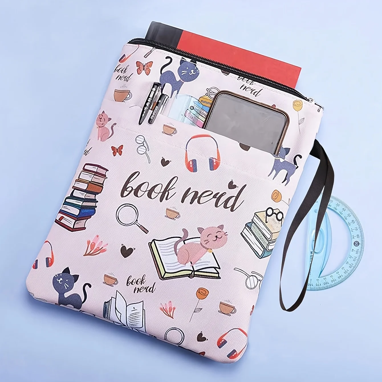1 Stück Buchhülle aus Stoff mit „Book Nerd“-Motiv und Reißverschluss – langlebiger, waschbarer Einband für Taschenbücher, mit Bücher- und Katzen-Design