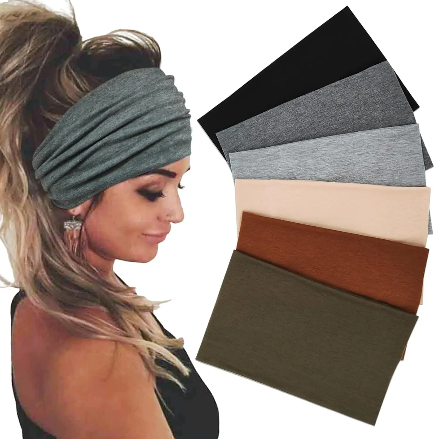 Wide Headbands for Women Stretch Boho Hair Bands Turban Workout Hairband Accessories 6 Pack