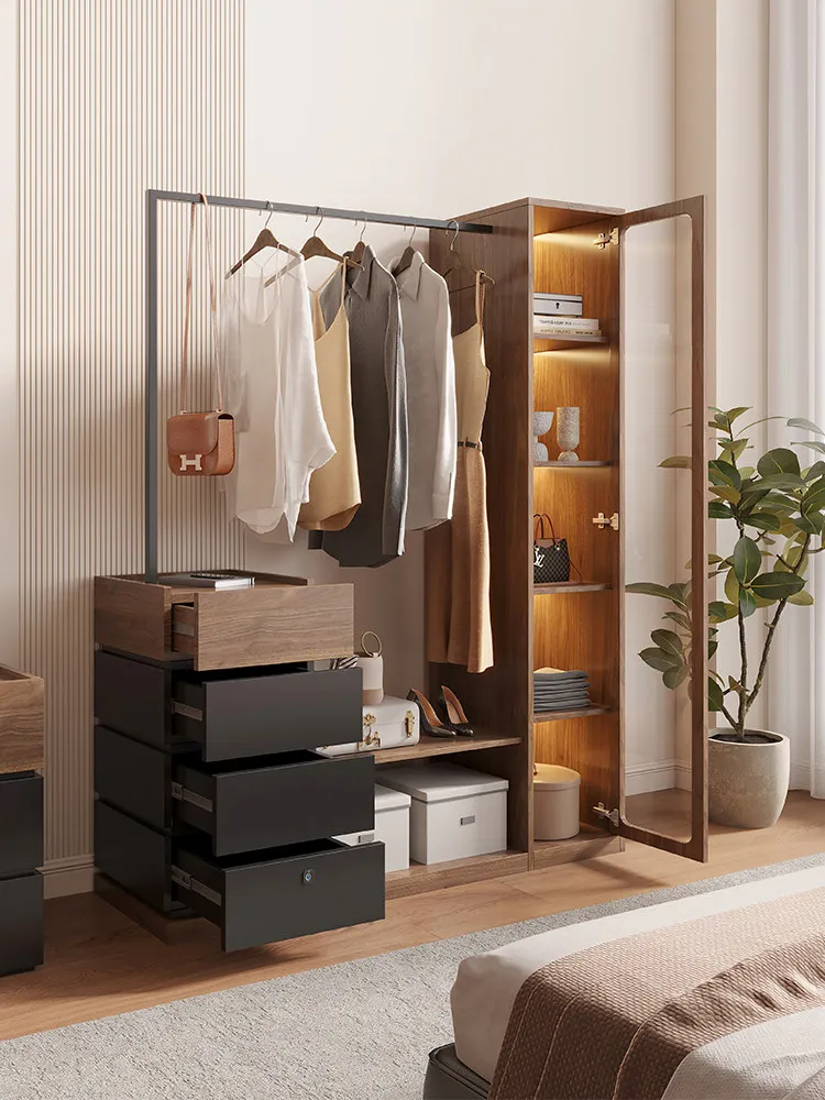 Bedroom coat rack full-length mirror integrated small apartment multi-functional bedside storage cabinet fingerprint lock floor-