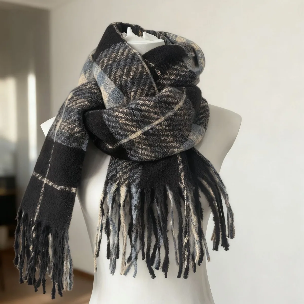 وشاح نسائي منقوش باللون الرمادي الداكن، على الطراز الكوري لخريف وشتاء سميك ودافئ، ملابس برقبة متعددة الاستخدامات في الغلاف الجوي #4