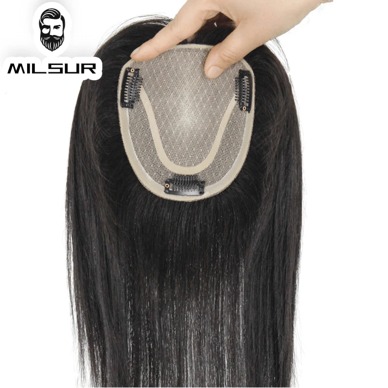 Topper de cabelo reto para mulheres, peça respirável de cabelo humano, feito à mão, natural, estilos U, senhora, 13x14