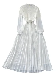 Jamerary Catwalk Design Kant Ruches Wit Overhemd Vrouwen Lange Mouw Stand Elegant Een Lijn Riem Geplooide Trim Vakantie Vestidos