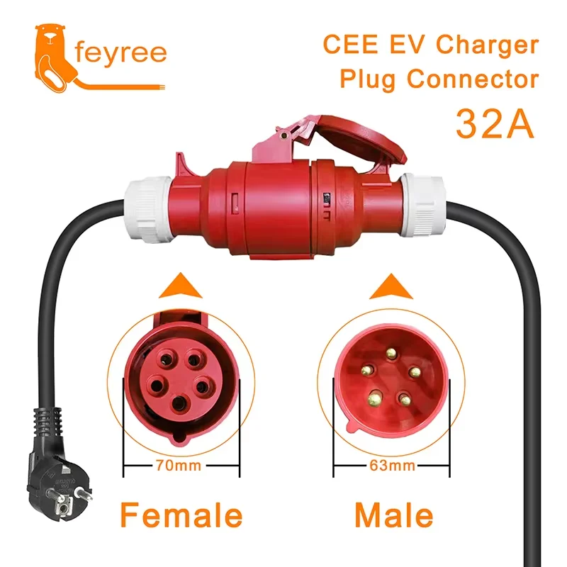Feyree elektrikli araç şarjı Schuko fişi CEE kırmızı güç dişi fiş 5 pinli soket adaptörü 32A 3 fazlı 22KW taşınabilir şarj cihazı ile bağlayın