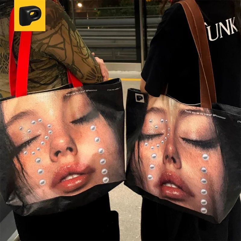 

PVC Kraft Paper Shoulder Bag,Portrait Print Women Tote Bag,Large Top-Handle Handbag,Waterproof Shopping Pouch,Student Schoolbag