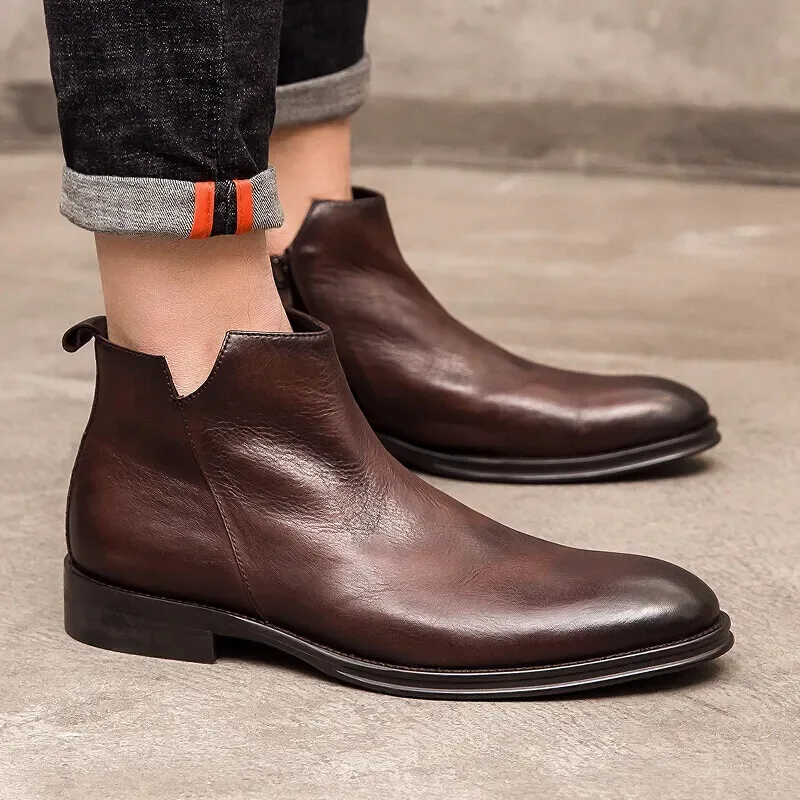 Men's Genuine Leather Chelsea Boots British Style Ankle Boots Retro Soft Bottom Casual Shoes  High Quality Side Zipper Boots Men