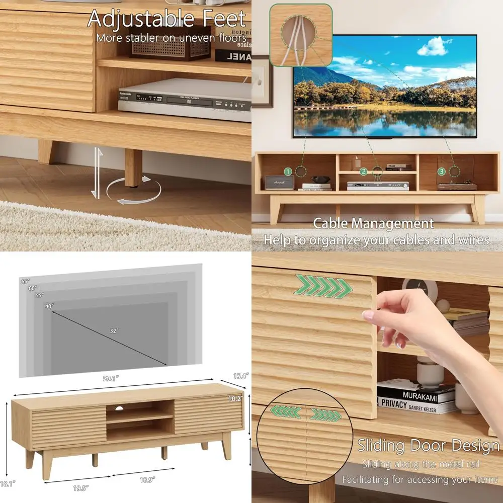 Mid Century Modern TV Stand for 55-65 Inch TVs, Entertainment Center with Sliding Doors and Storage Shelves