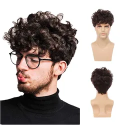 Perruques Synthétiques Courtes Brunes avec Frange pour Homme, Faux Cheveux Bouclés, Costume d'Halloween, Cosplay Naturel