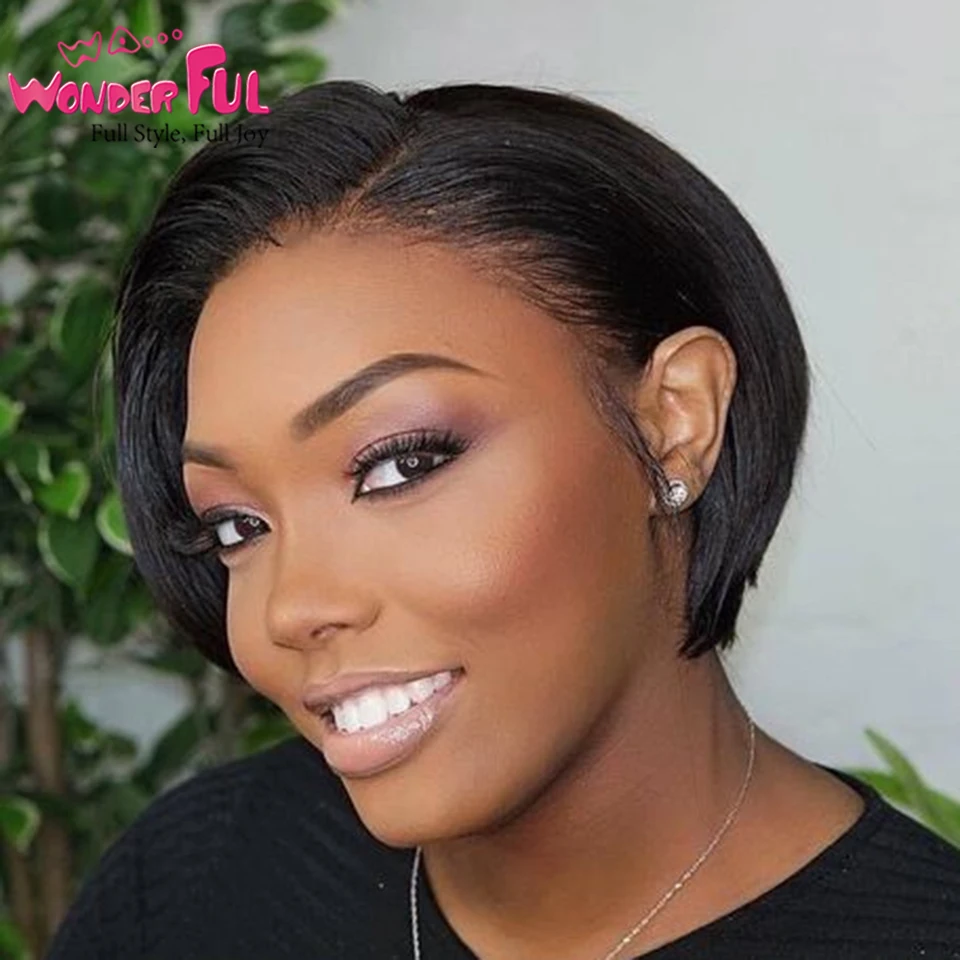 Short Pixie Cut Lace Human Hair Wigs Brazilian Remy Hair Straight Bob For Black Women  With Black Root Short Woman Lace Wigs