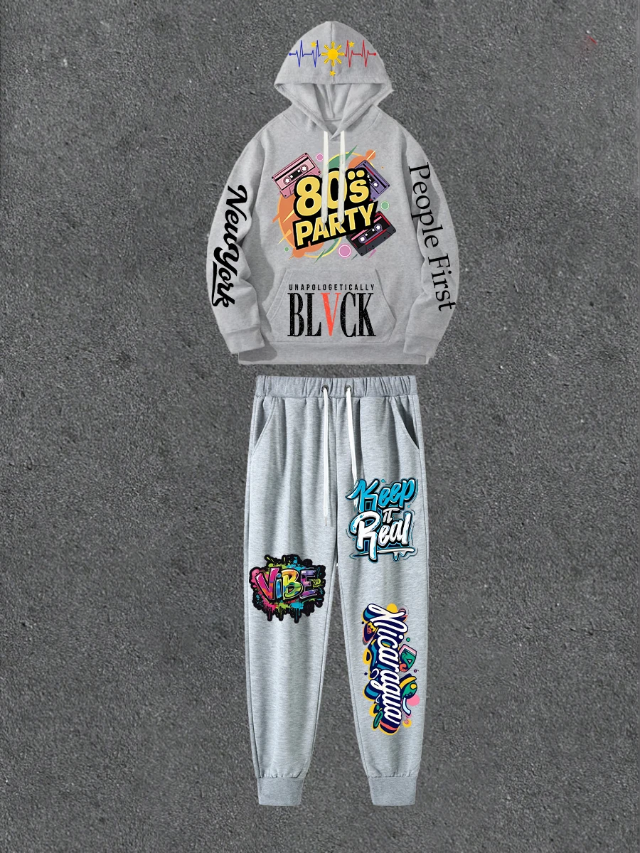 

Gray Double-sided Printed Hoodie Paired With Printed Casual Pants Loose Hoodie Street Style Outfit With Casual Pants