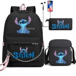 3pcs Lilo & Stitch School Bags Cartoon Lovely Women Girls Travel Bags With Shoulder Bags Capacity Teens Laptop USB Backpacks