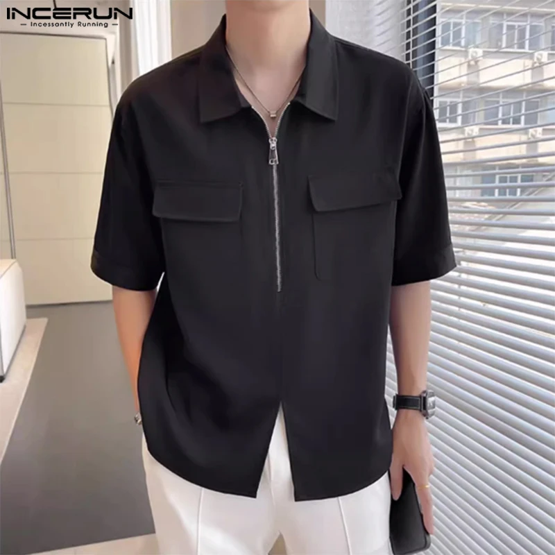 Handsome Well Fitting Tops INCERUN 2024 Men Half Zip Lapel Pocket Shirts Casual Streetwear Solid Short Sleeve Lapel Blouse S-5XL