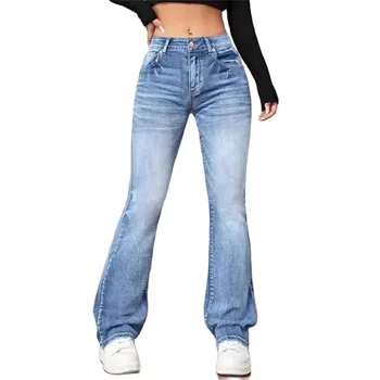 Frauen Neue Casual Micro Flares Jeans Vintage Mittlere Taille Taste Splice Denim Hosen Weibliche Büro Pendler Hosen Trend Streetwear