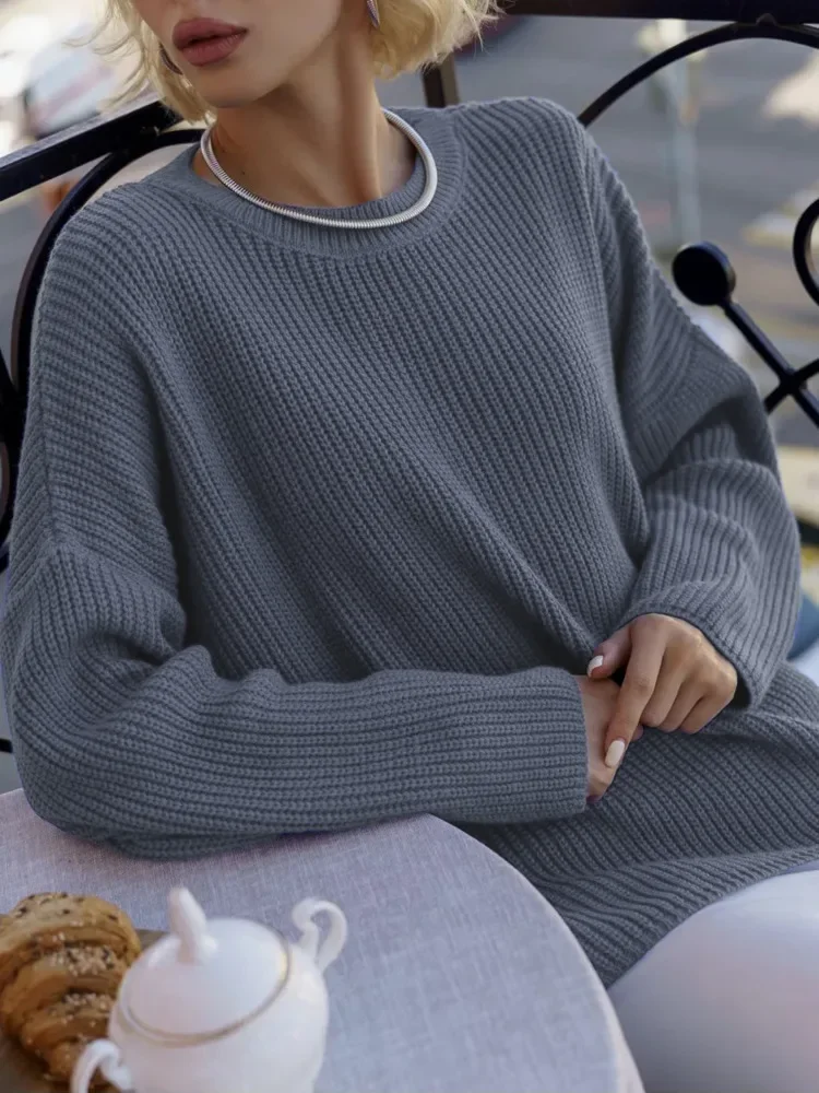 

Long Sleeves Casual Loose Fit Pullover Women's Dark Gray Oversized Ribbed Knit Sweater With Round Neck And