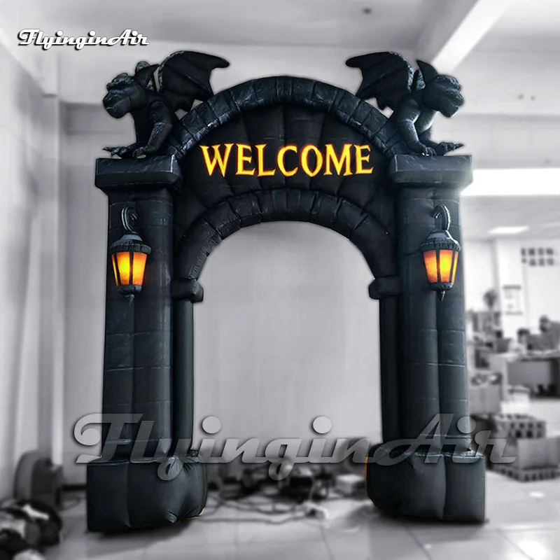 4m Giant Inflatable Gargoyle Castle Arch Spooky Halloween Entrance Hell's Gate With Lanterns For Haunted Party Decoration