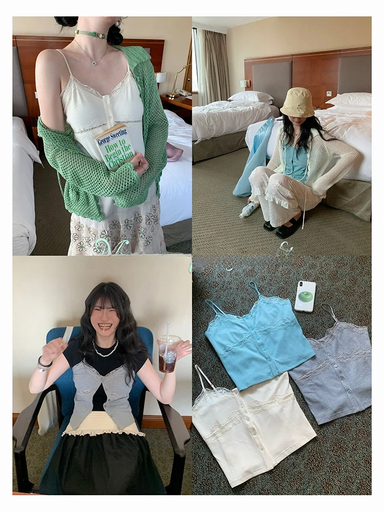 

MOWENTI Tee-Color Lace Trim Small Top Women's Inner Wear Strap Vest Spring Summer Sweet Sle Folded ort Length