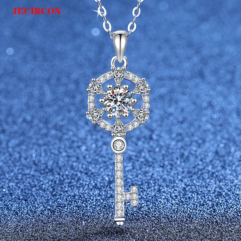 

JECIRCON 0.5CT D Color VVS1 Moissanite Key Pendant Necklace - S925 Sterling Silver Full CZ Luxury Elegant Women's Jewelry GRA
