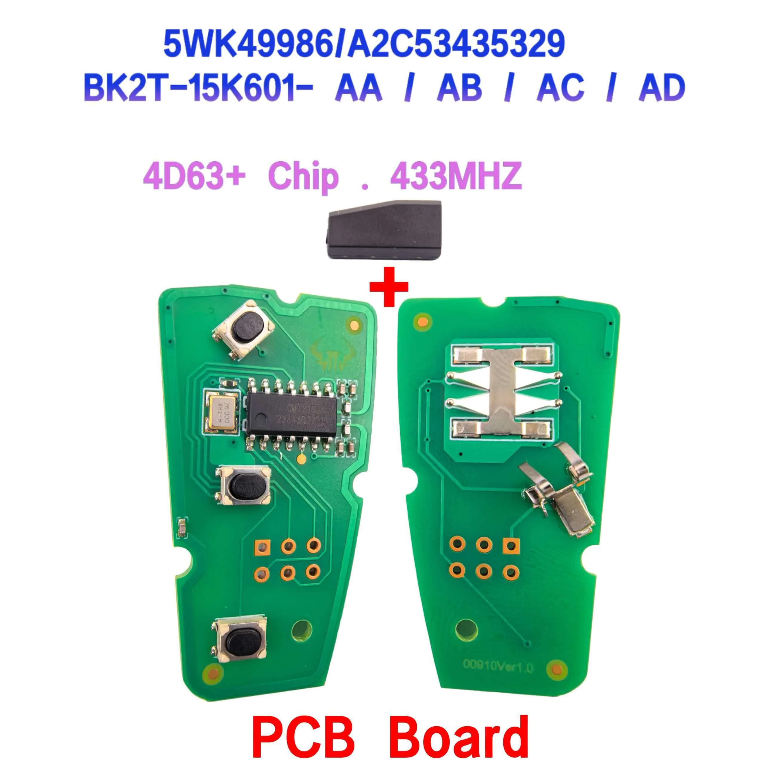 FCC A2C53435329/5WK49986 BK2T/GK2T-15K601 433Mhz ID4D63+/ID49 Chip Flip Remote Key/PCB For Ford Transit Custom Connect 2012-2019