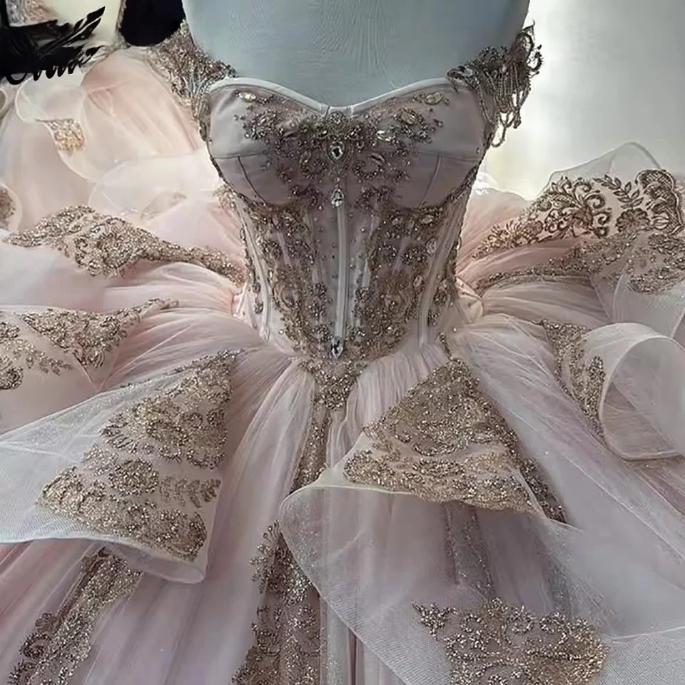 الوردي قبالة الكتف الكشكشة فساتين Quinceanera الكرة ثوب الذهب يزين الدانتيل الحلو 15 Anos المكسيكي مخصص