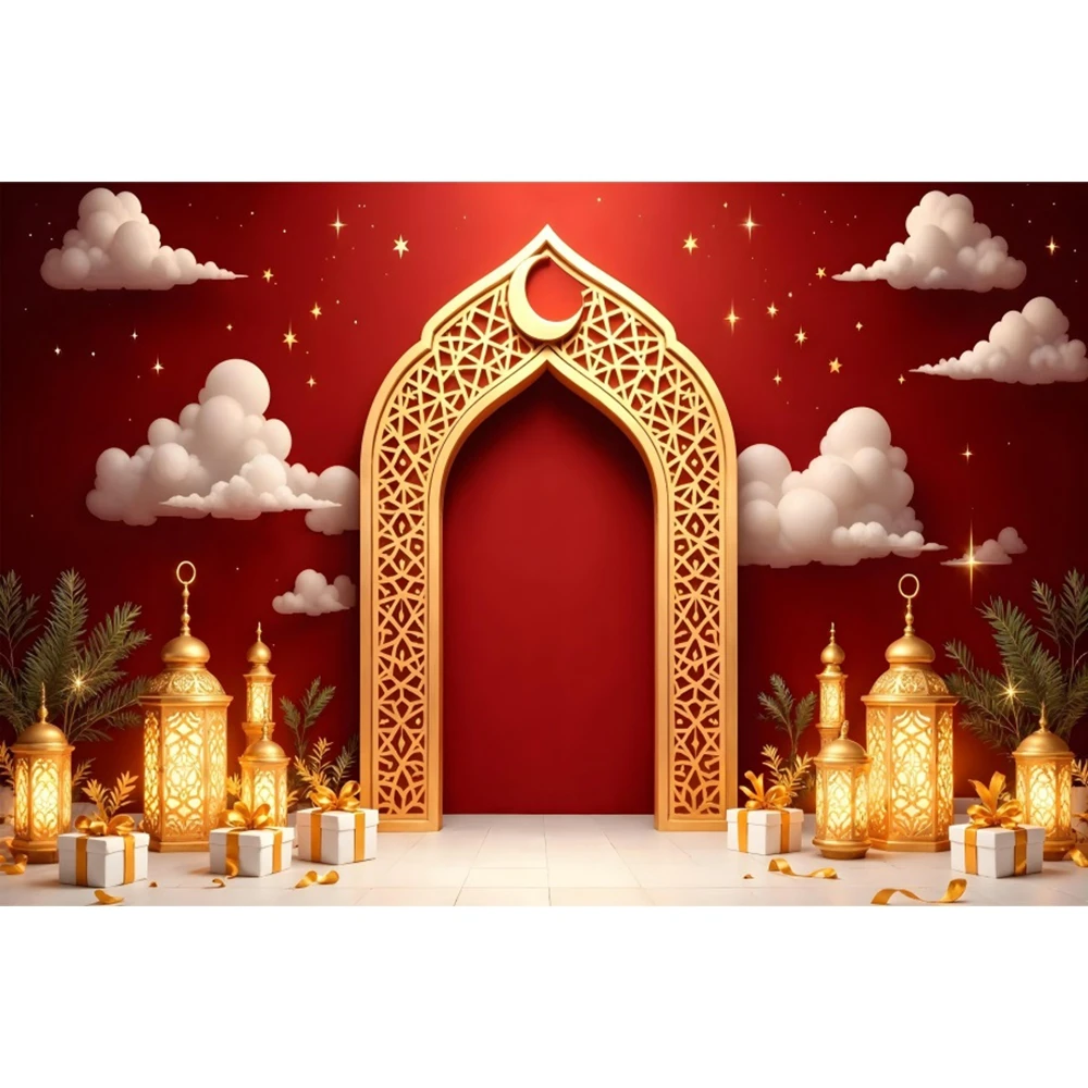 Eid Theme Photography Backdrop Red Green Black Gold Mosque Architecture for Muslim Islamic New Year Party Decor Photo Background