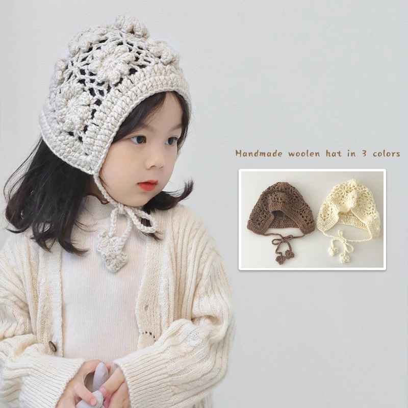 Children Knitted Hat French Hook Flower Lace-up Ear Protection Hat Autumn Winter Girl Photo Props Solid Woolen Headgear 2-6year