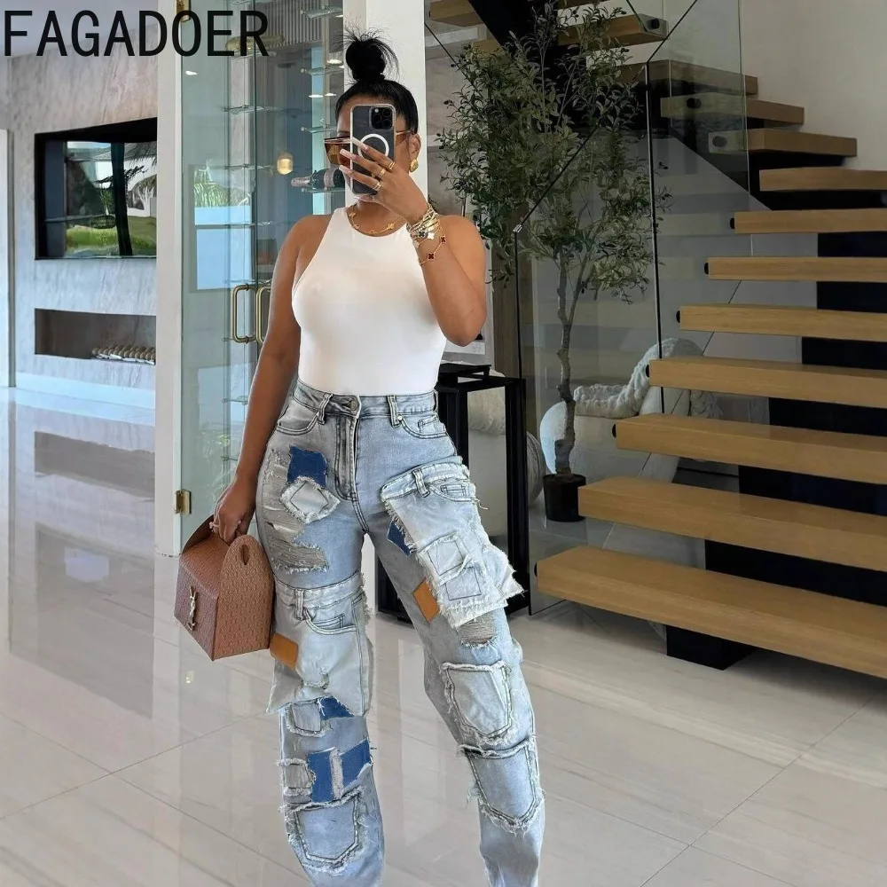 FAGADOER Vintage Fashion Denim Straight-leg Pants Women Solid Irregular Cargo Patchwork Jeans Female Streetwear Bottoms 2025 New