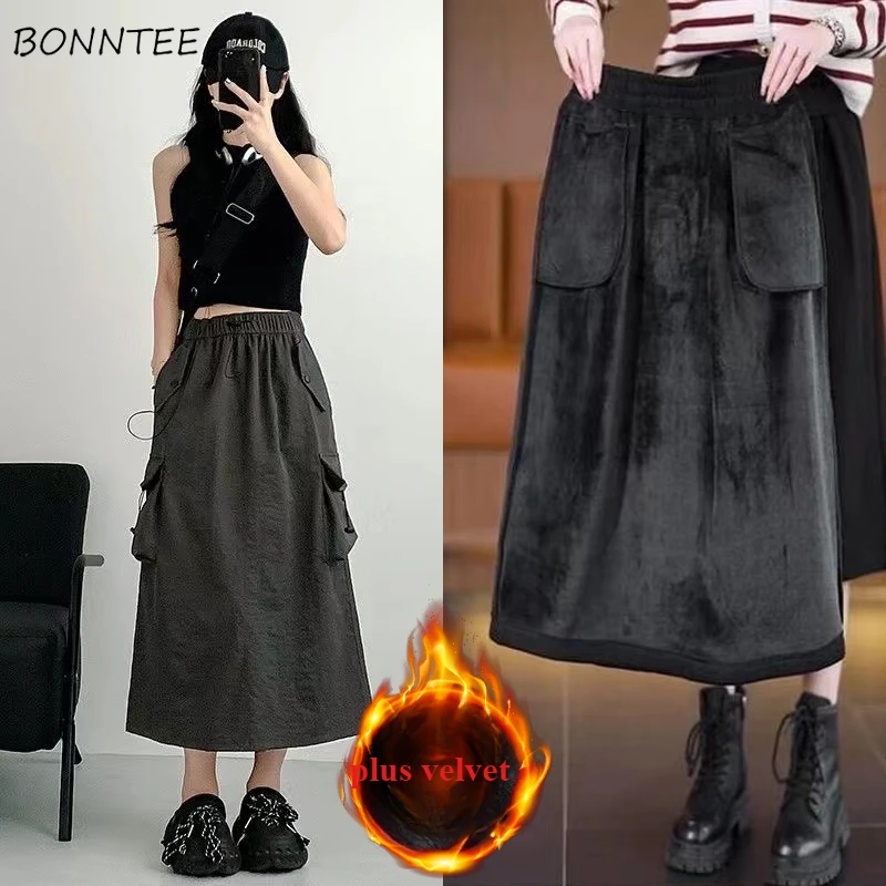 Plus Velvet Midi Skirts Women Korean Fashion Simple All-match Designed Baggy Cargo Style Harajuku Keep Warm Autumn Winter Chic