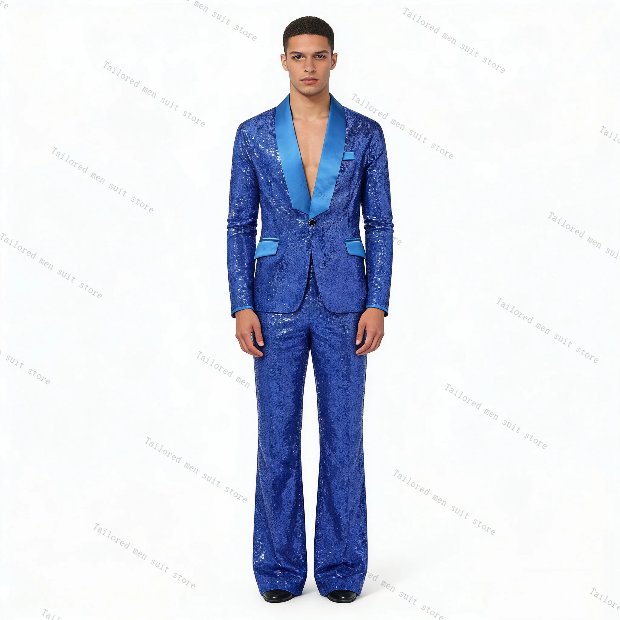 

Blue Shiny Sequins Men Suits Pants Set 2 Pcs Blazer+Trousers Groom Wedding Tuxedos Jacket Formal Office Business Coat Outfit