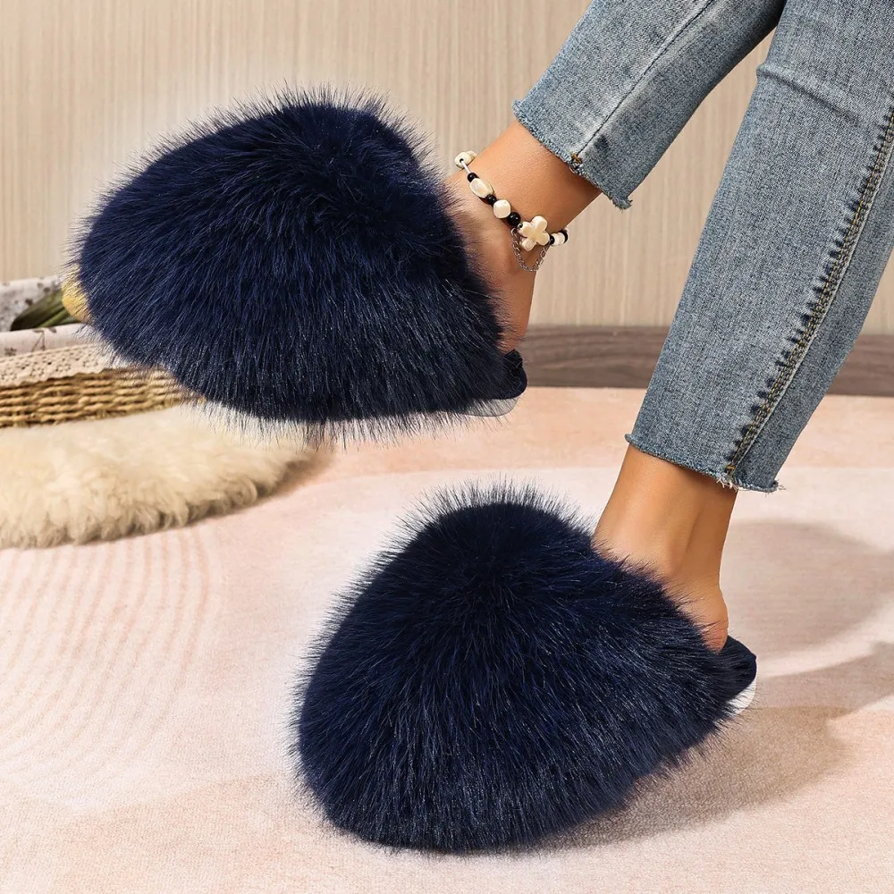 Winterfellige Damen-Hausschuhe, bequeme Flip-Flops, flache Pantoffeln, Indoor-Schlafzimmer-Plüschschuhe für Damen – Detail 20