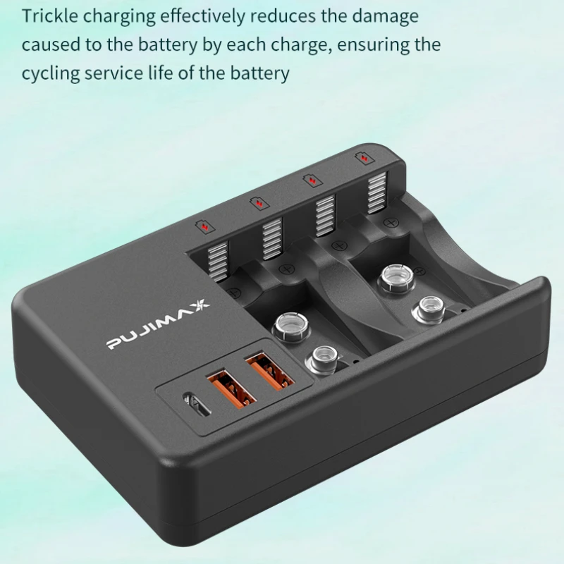 PUJIMAX 4-Slot Multi-purpose Battery Charger for 1.2V AA/AAA Ni-MH/Ni-Cd or 9V NiMH/Li-ion Rechargeable Batteries With AC Cable