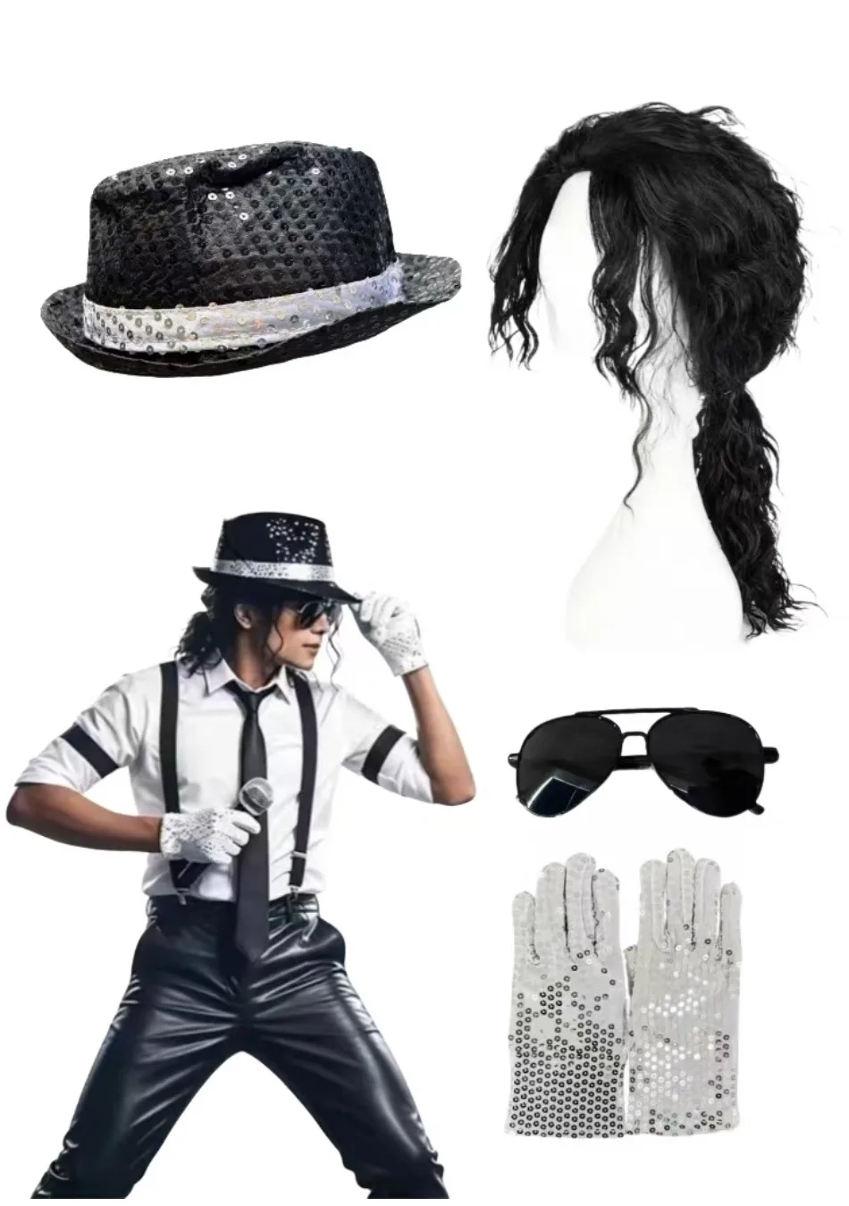 Michael Jackson Cosplay Accessories Set Sequin Hat Gloves Sunglasses Suspender Tie for Halloween Party