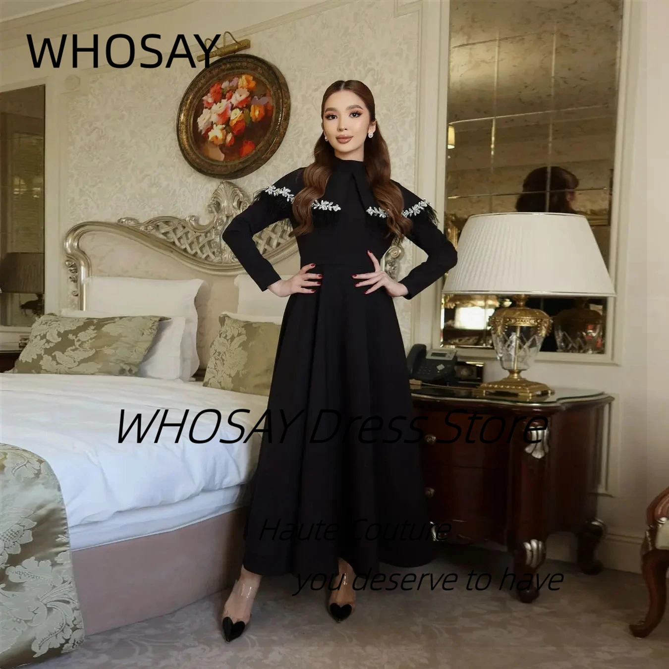 WHOSAY High Collar Evening Dresses Crystals Feathers Shawls Robe De Soiree Femmes Ankle Length Satin Bespoke Prom Party Dress