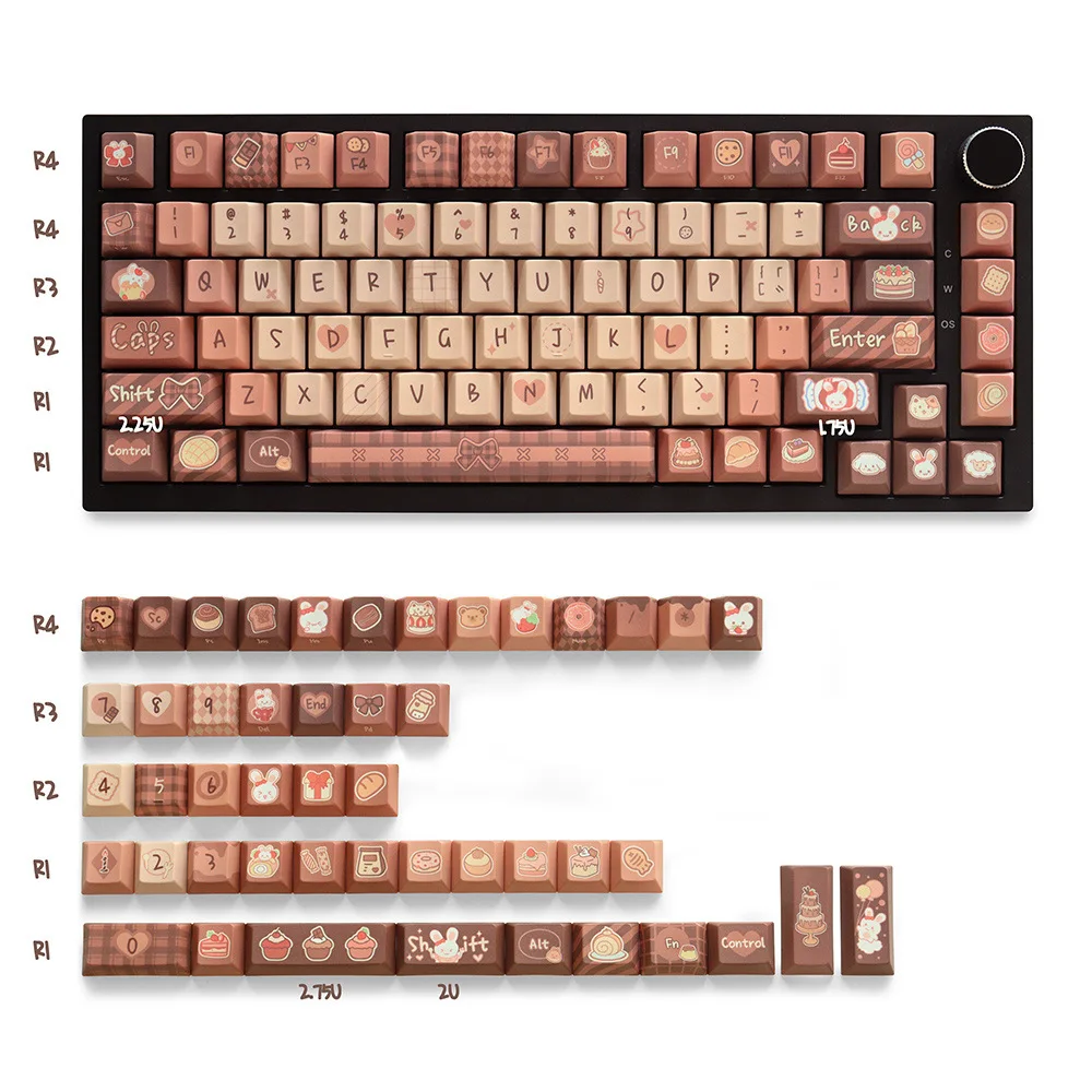 Cute dessert rabbit theme keycap PBT material pattern characters clear five-sided sublimation keycap 129 keys