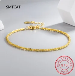 Minimalism Classic Gold Color Bracelet 100% 925 Sterling Silver Link Chain Cute Bracelets For Women Fine Jewelry Gifts S4683
