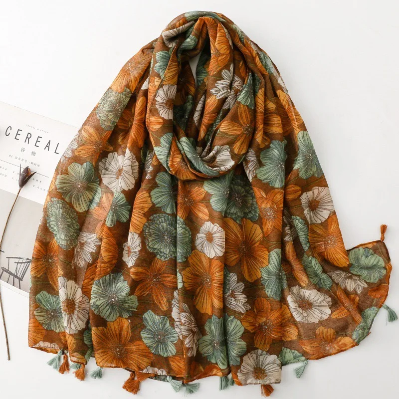 

2026 Spring Fashion Retro Poppy Floral Tassel Viscose Shawls Scarf Women High Quality Soft Hijab and Wrap Muslim Sjaal 180*90Cm